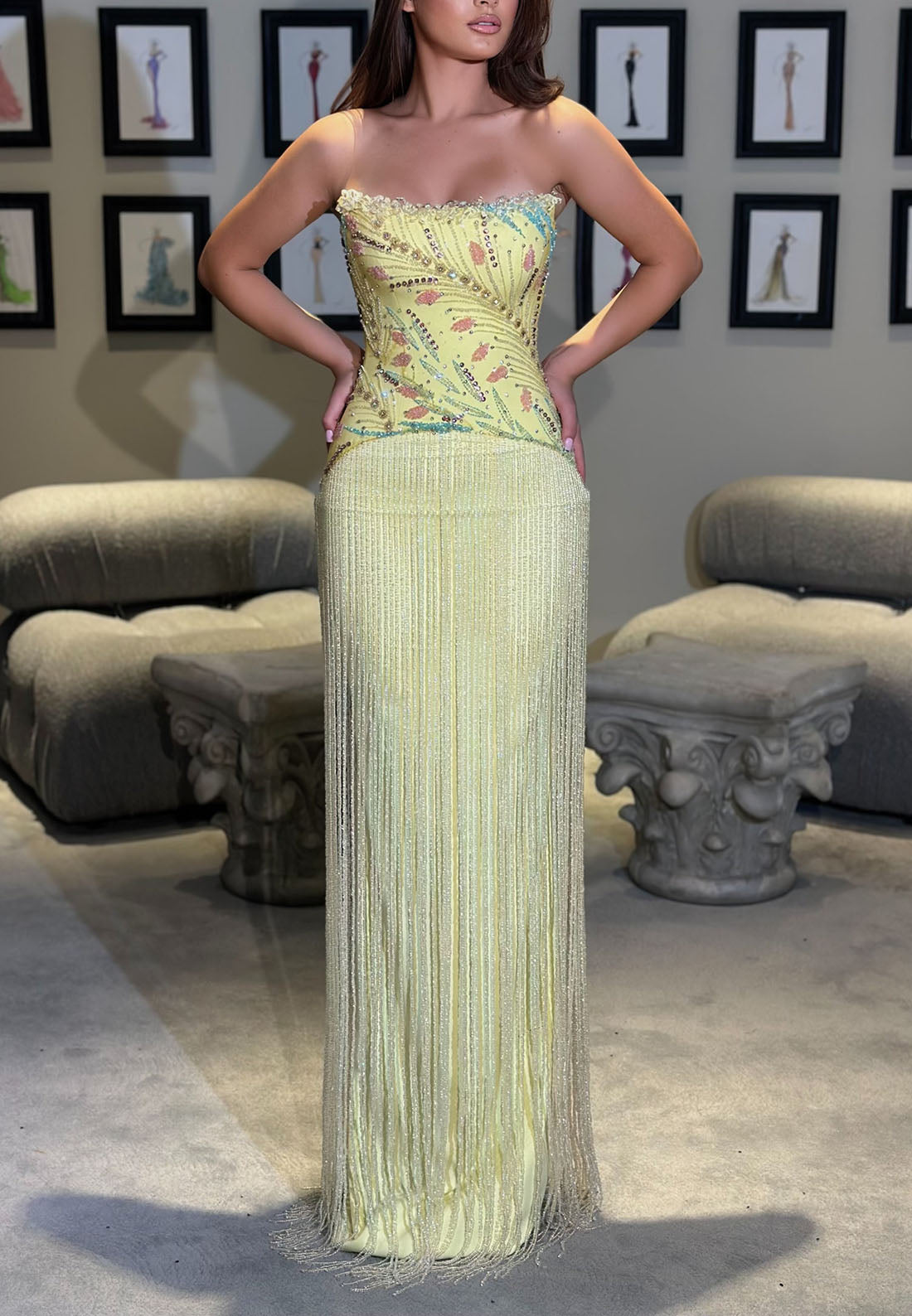 Strapless Beaded Bodice Fringe Evening Gown