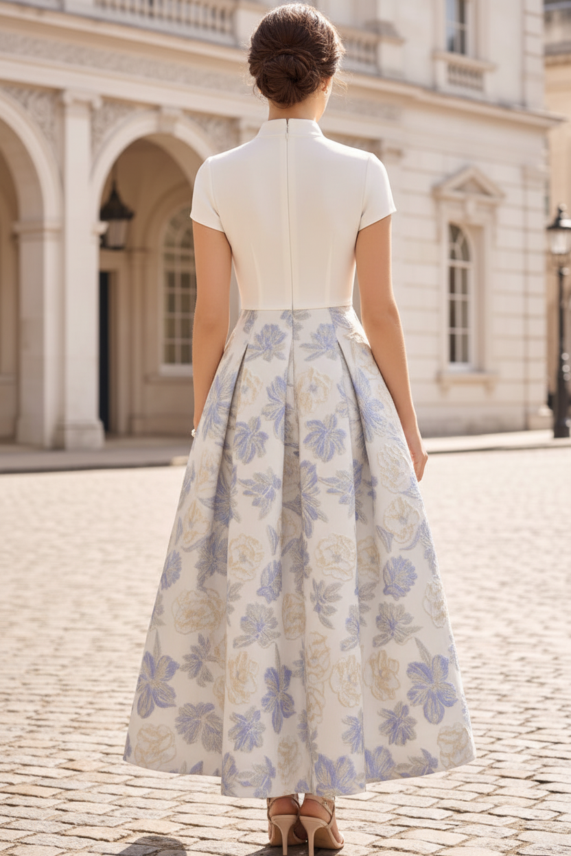 Elegant V-Neck Short Sleeve Floral Jacquard Midi Dress