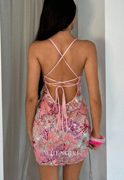 Floral Sequin Lace-Up Back Mini Dress