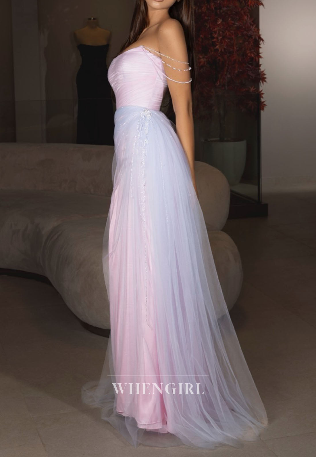 Strapless Ruched Gown with Draped Tulle Skirt