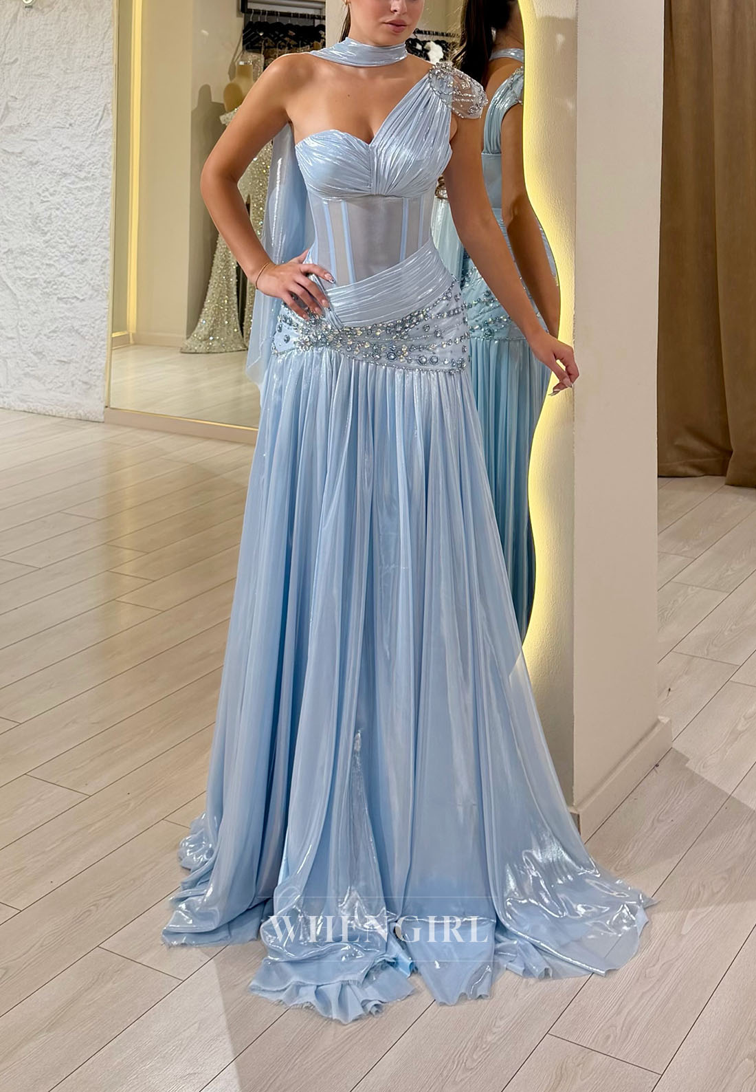 One-Shoulder Corset Gown with Beaded Waist