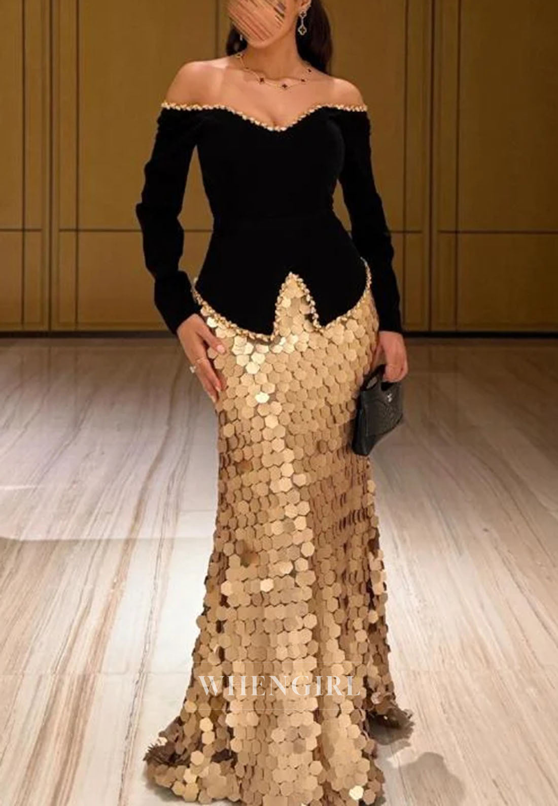 Off-the-Shoulder Peplum Sequin Mermaid Gown