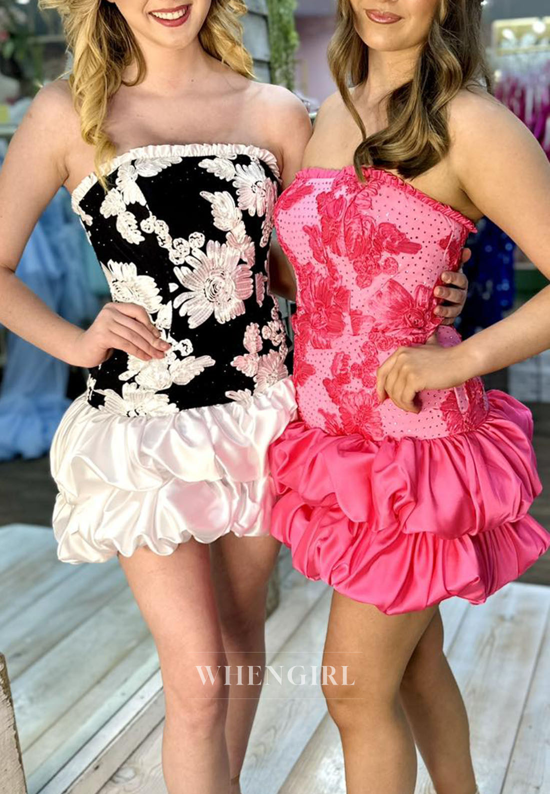 Strapless Floral Applique Tiered Bubble Skirt Mini Dress