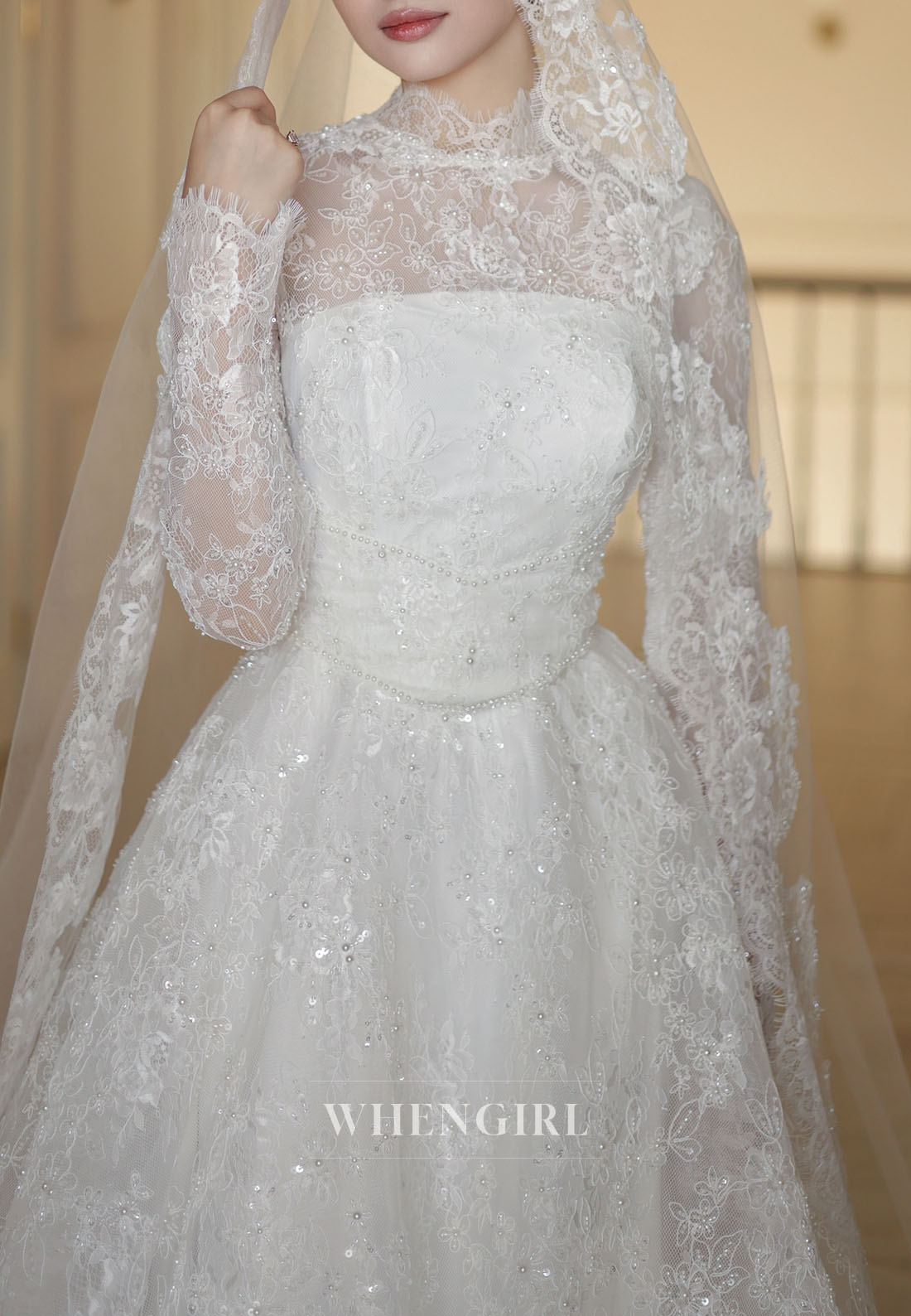 High Neck Lace Long Sleeve Ball Gown Wedding Dress