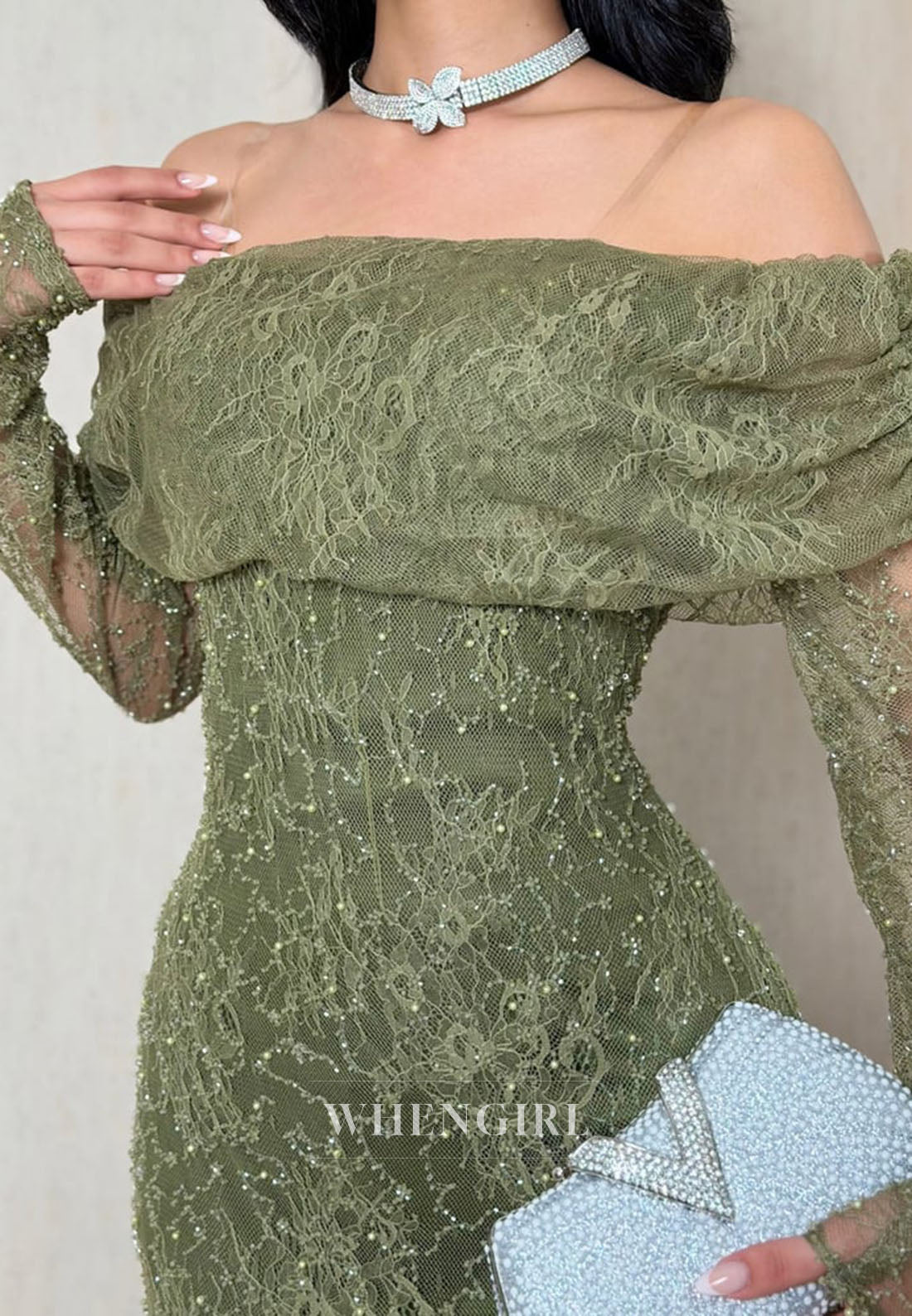 Off-the-Shoulder Beaded Lace Long Sleeve Gown