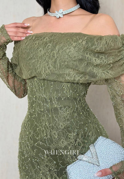 Off-the-Shoulder Beaded Lace Long Sleeve Gown