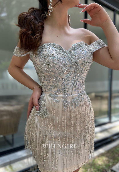 Beaded Off-the-Shoulder Fringe Mini Dress