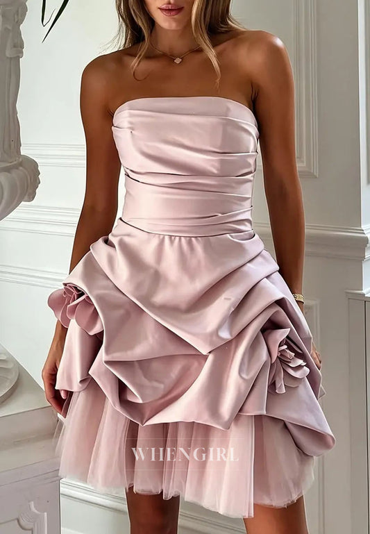 Strapless Ruched Corset Mini Dress with 3D Flowers