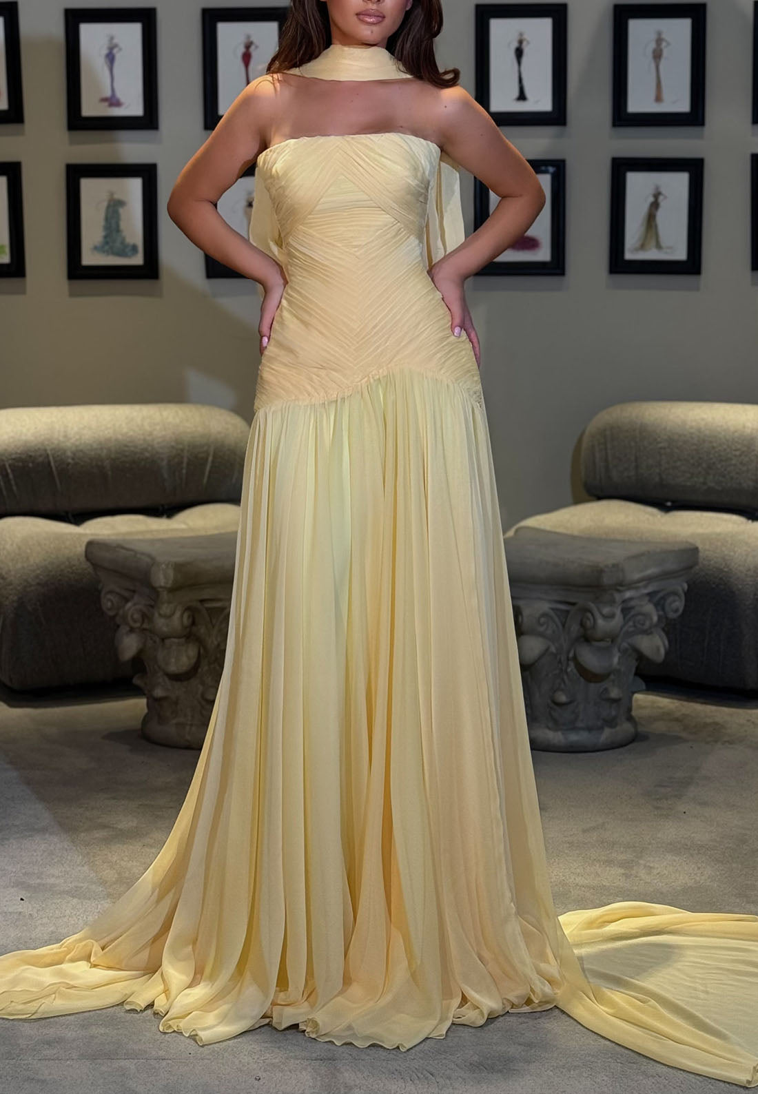 Strapless Pleated Drop-Waist Evening Gown with Scarf
