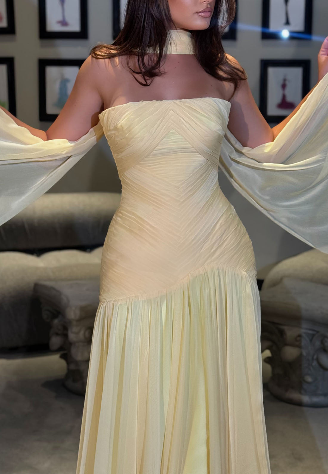 Strapless Pleated Drop-Waist Evening Gown with Scarf