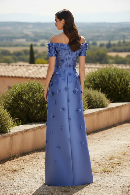 Off-the-Shoulder 3D Floral Applique Evening Gown