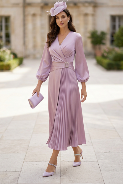 Pleated Midi Dress with Bishop Sleeves