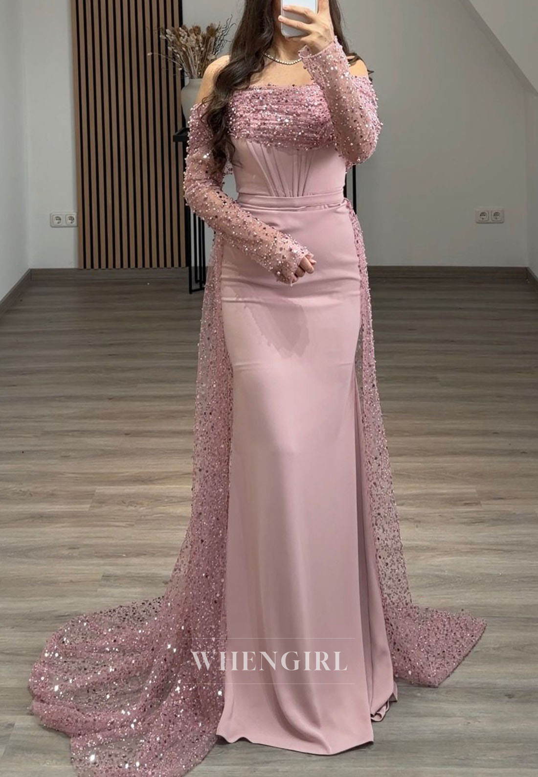 Beaded Off Shoulder Mermaid Gown with Sequin Cape