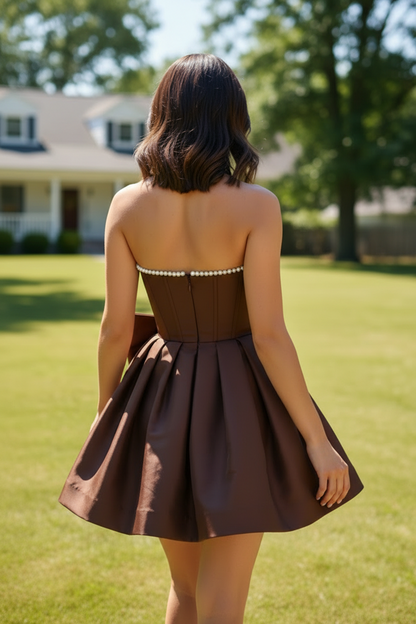 Strapless Beaded Satin Mini Dress with Bow