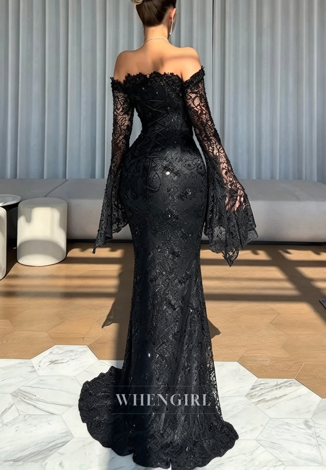 Lace Off-the-Shoulder Bell Sleeve Mermaid Gown