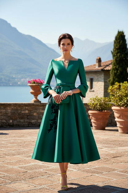 Bateau Neck Satin A-Line Midi Dress with Appliques