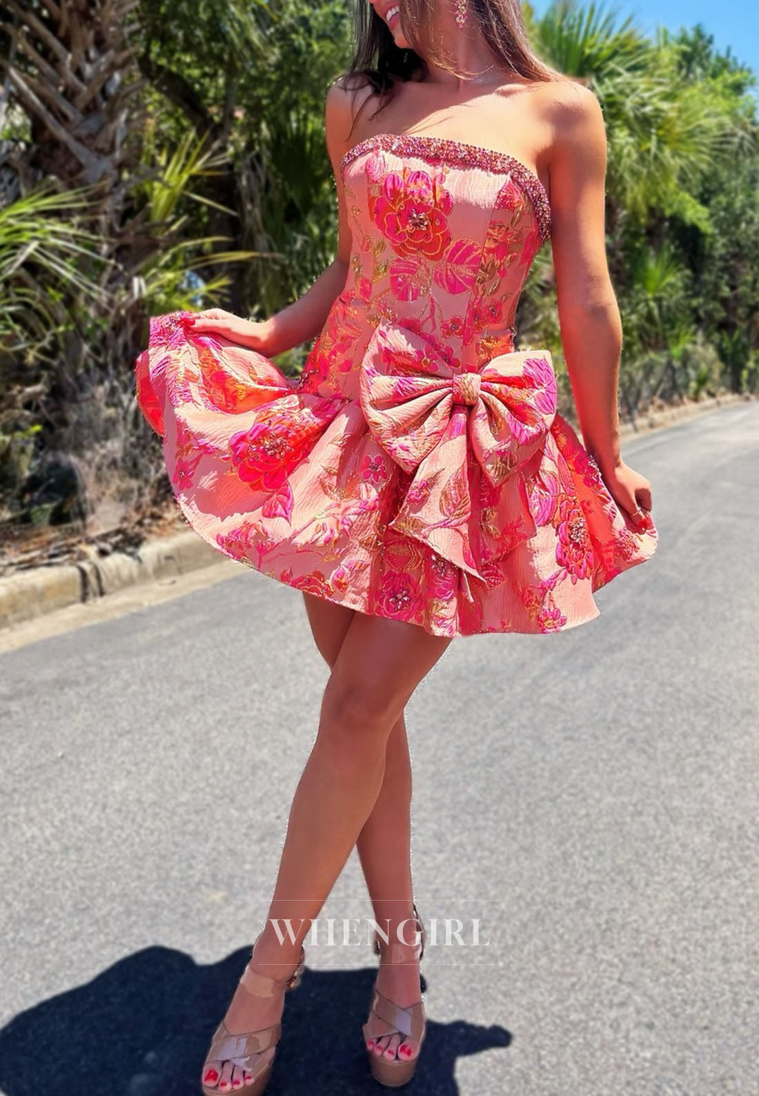 Strapless Floral Jacquard Mini Dress with Bow