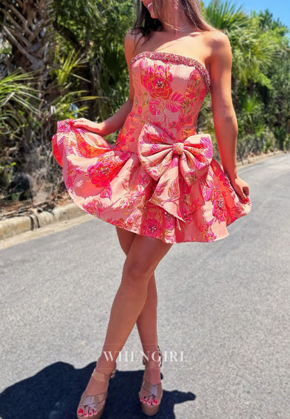 Strapless Floral Jacquard Mini Dress with Bow