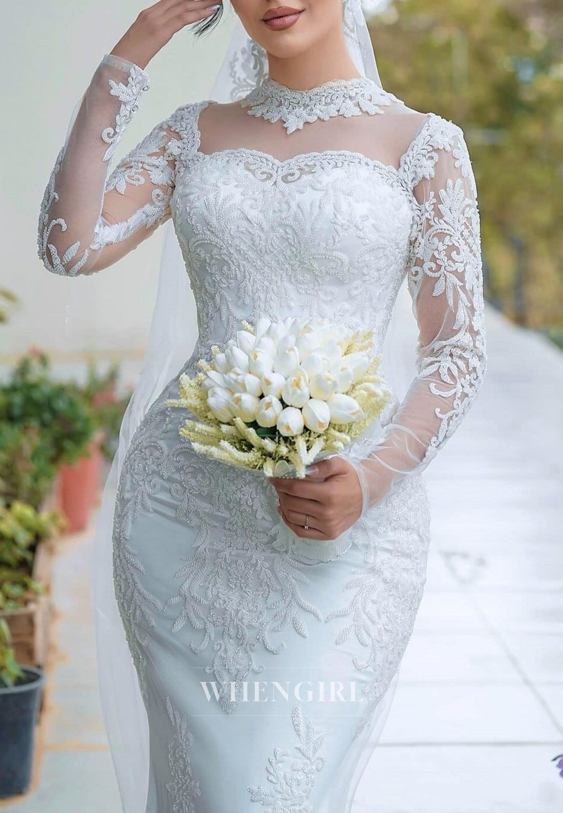 High Neck Illusion Lace Mermaid Wedding Dress