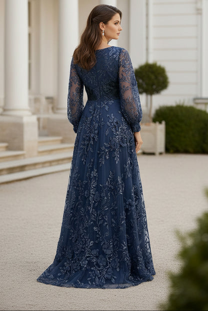A-Line Floral Sequin Gown with Bishop Sleeves