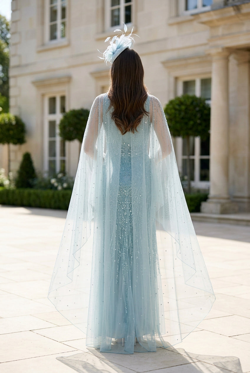 Beaded Cape Sleeve Evening Gown