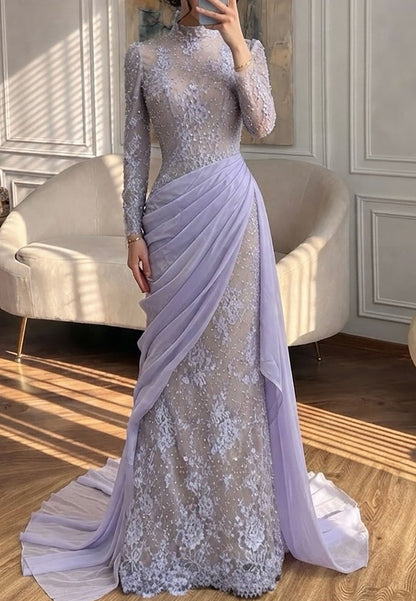 High Neck Lace Gown with Asymmetrical Draped Train