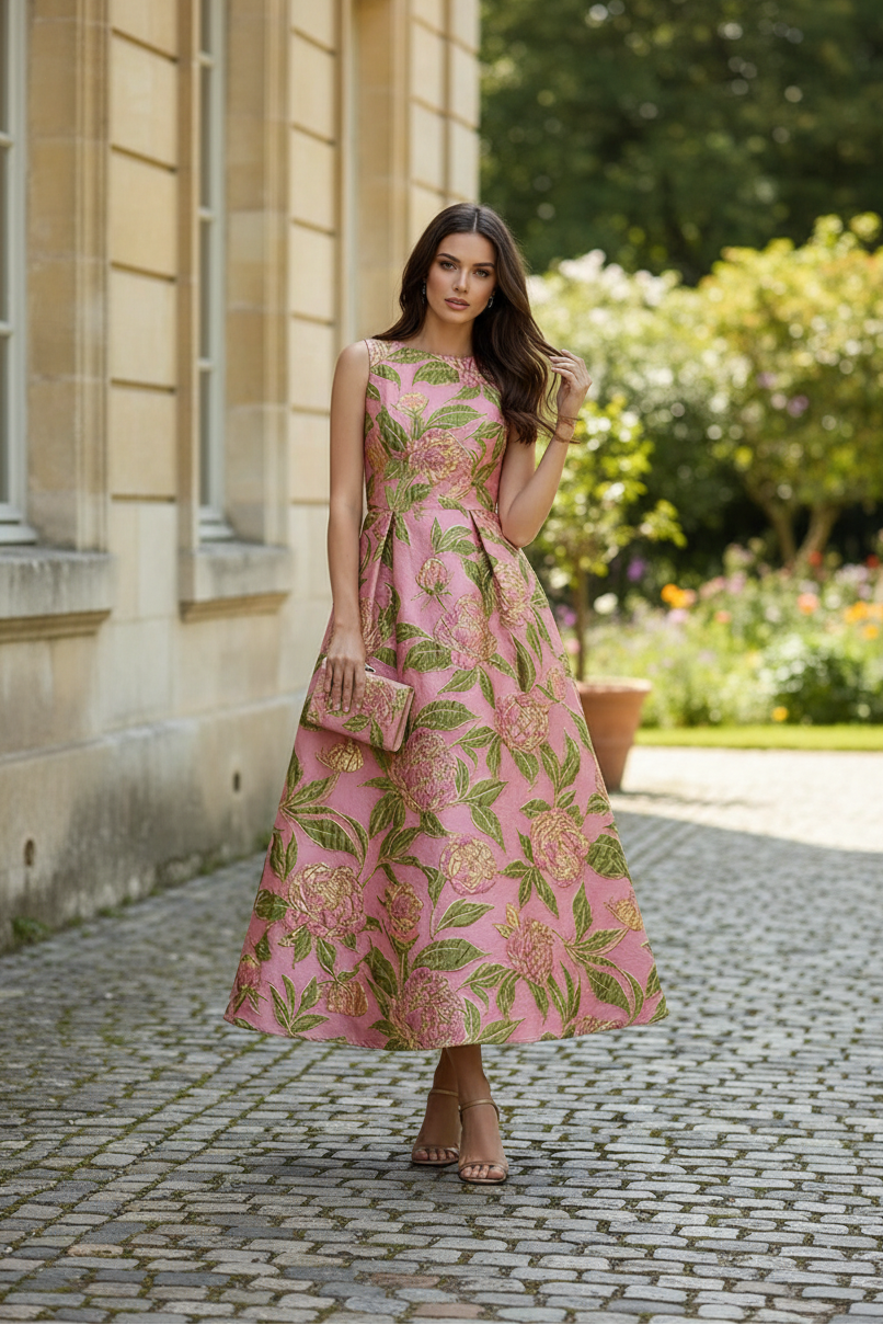 Floral Jacquard A-Line Tea-Length Dress with Pockets