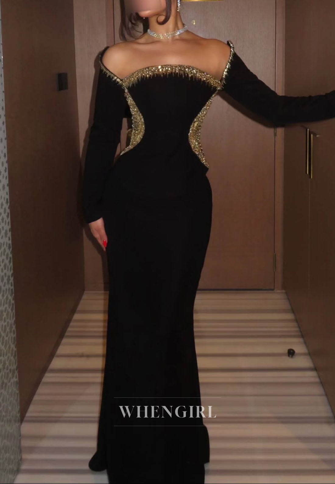 Off-the-Shoulder Long Sleeve Embellished Gown