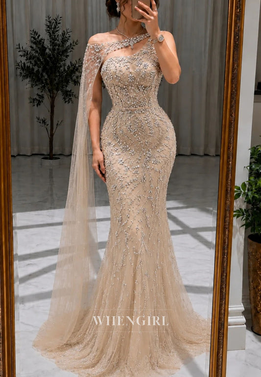 Asymmetrical Beaded Mermaid Evening Gown with Cape
