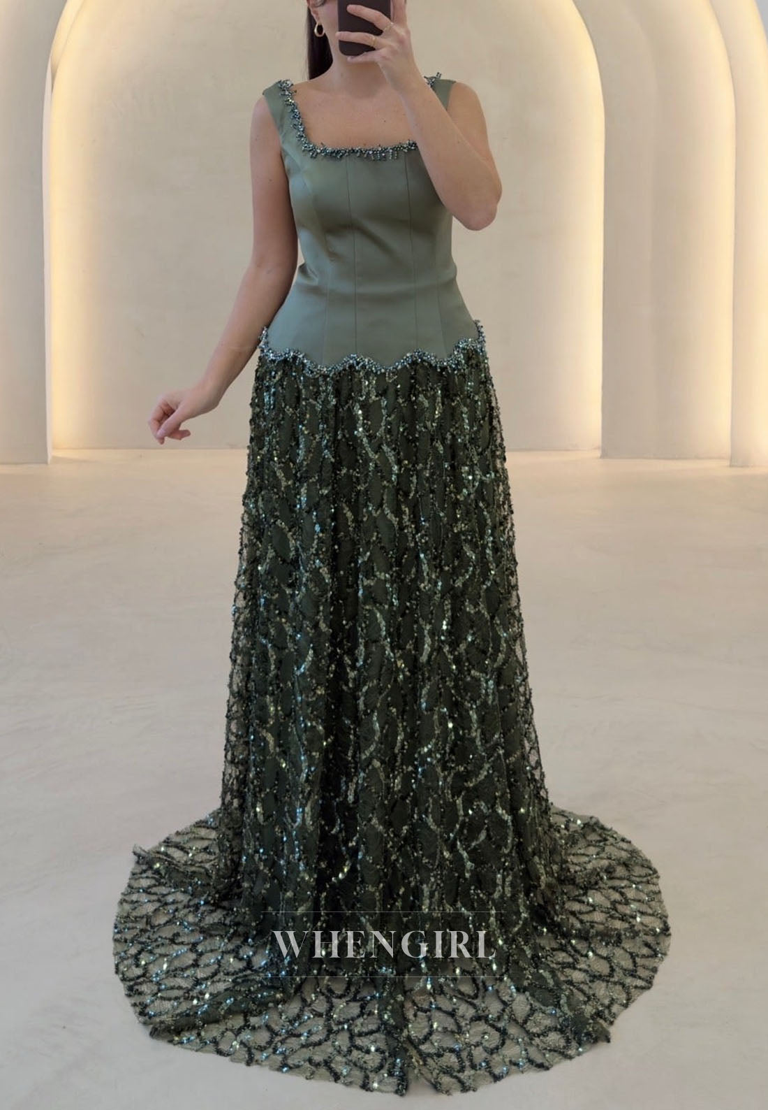 Square Neck Dropped Waist Sequin Evening Gown