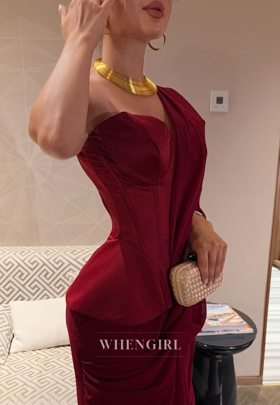 Corset Peplum Evening Gown with Shoulder Drape