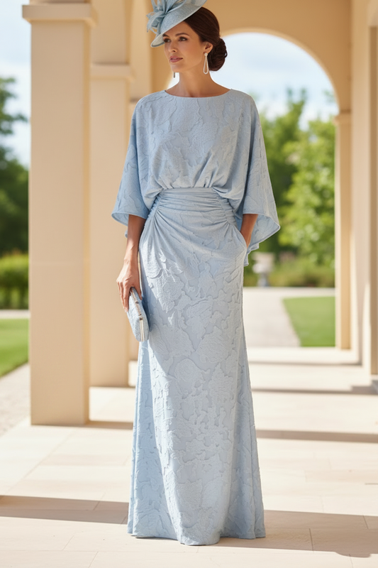 Floral Jacquard Batwing Sleeve Evening Gown