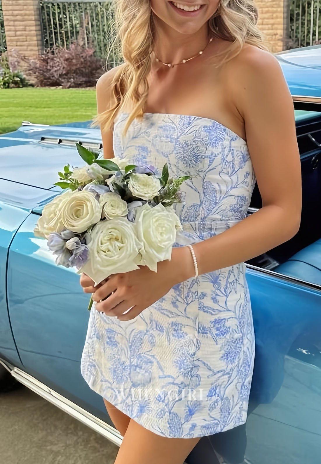 Strapless Floral Print Mini Dress with Belt