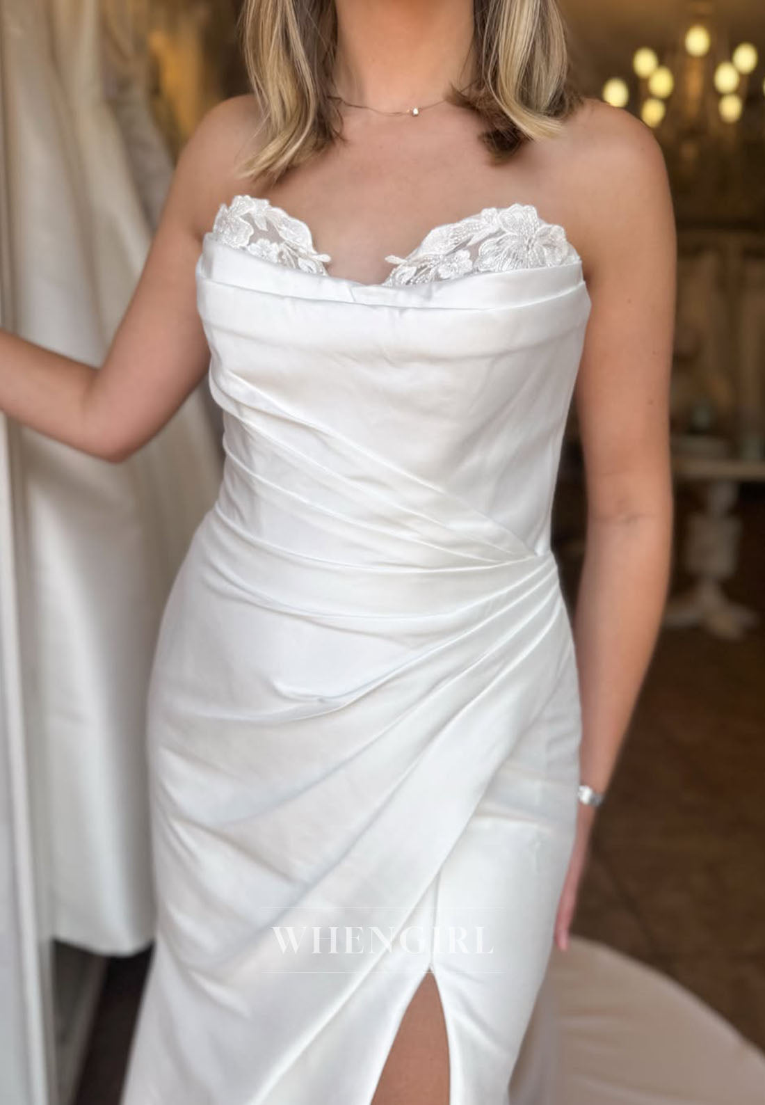 Strapless Satin Wedding Dress with Lace Trim