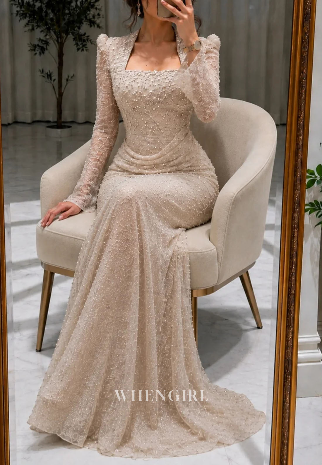 Elegant Pearl Beaded Long Sleeve Mermaid Gown