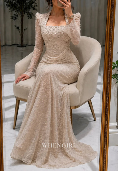 Elegant Pearl Beaded Long Sleeve Mermaid Gown