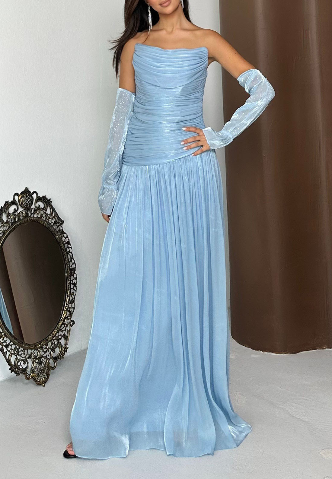 Ruched Strapless Maxi Gown with Sleeves