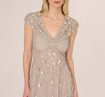 Beaded Floral Applique V-Neck Cap Sleeve Gown