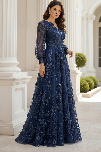 A-Line Floral Sequin Gown with Bishop Sleeves