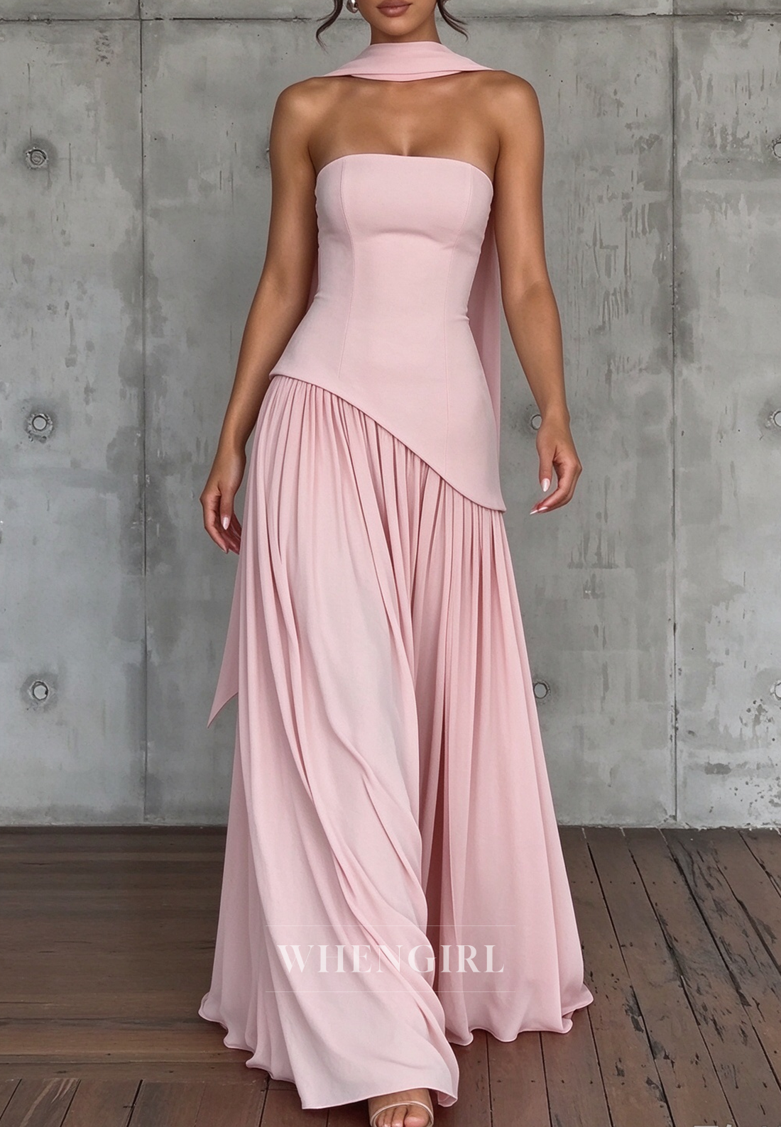 Strapless Asymmetrical Drop-Waist Gown with Scarf