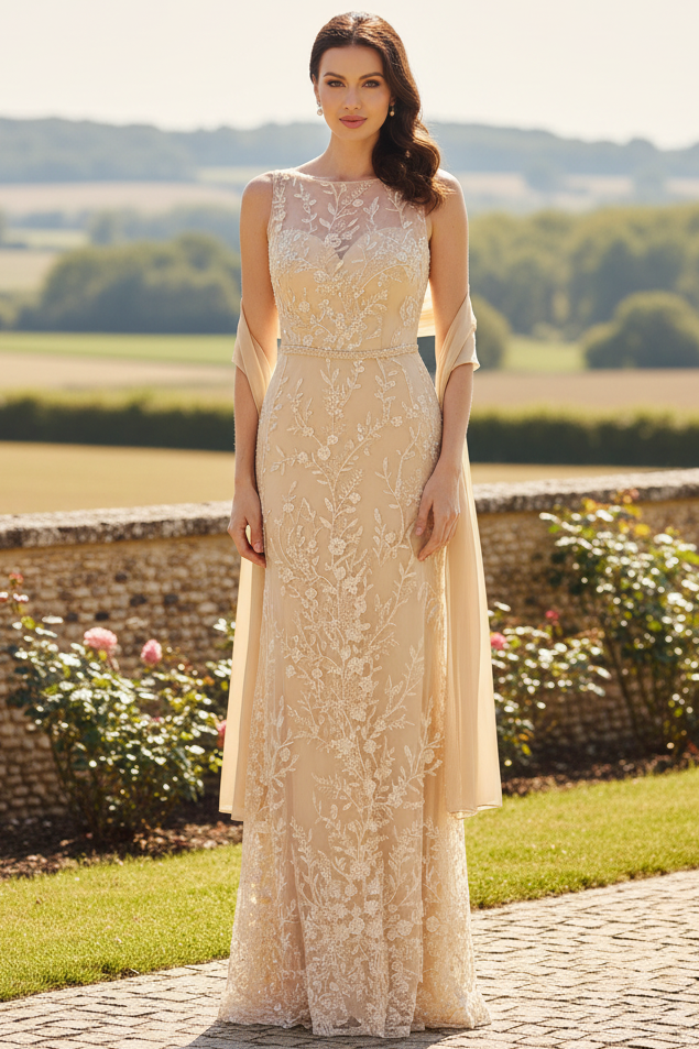 Illusion Neck Floral Lace Column Gown with Shawl