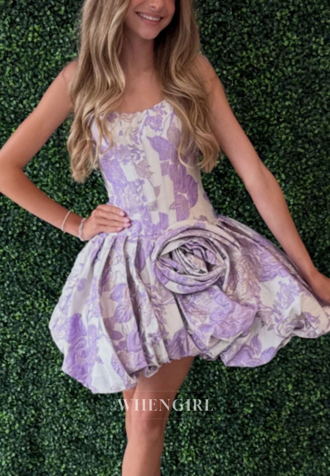 Strapless Floral Jacquard Mini Dress with 3D Rose Applique