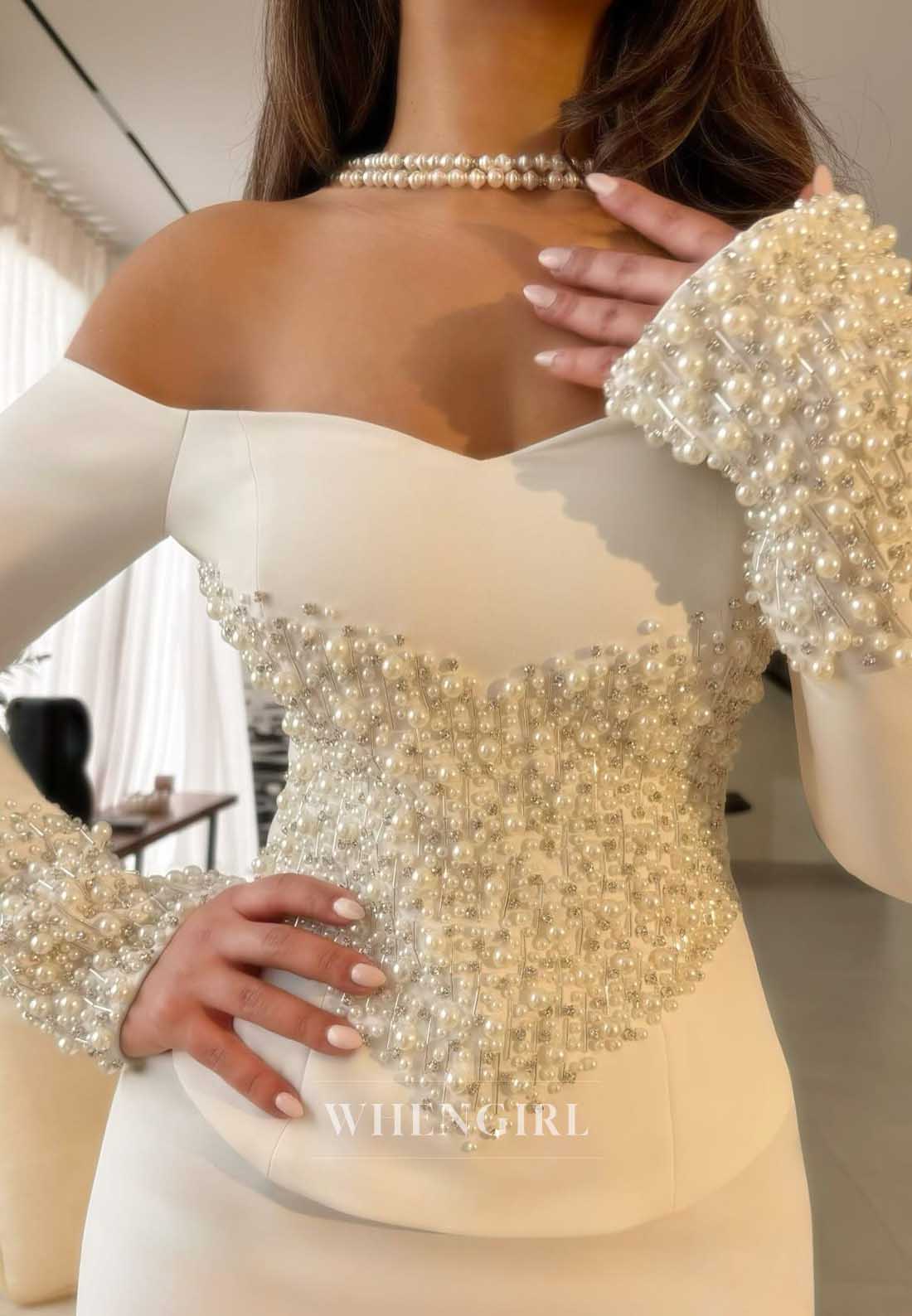 Off Shoulder Pearl Embellished Long Sleeve Gown