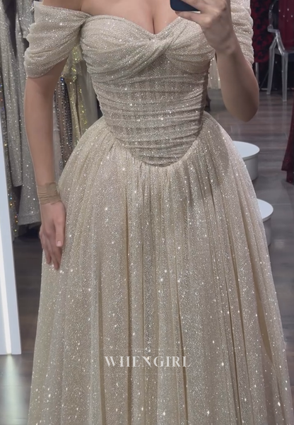 Glitter Off-the-Shoulder Basquew-Waist Ball Gown