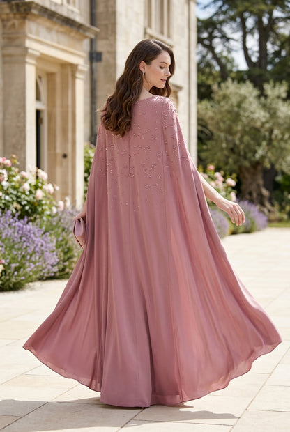 Embellished Cape Floor-Length Gown with Cut-Out