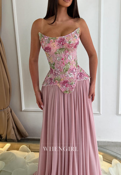 Strapless Corset Floral Embroidered Evening Gown