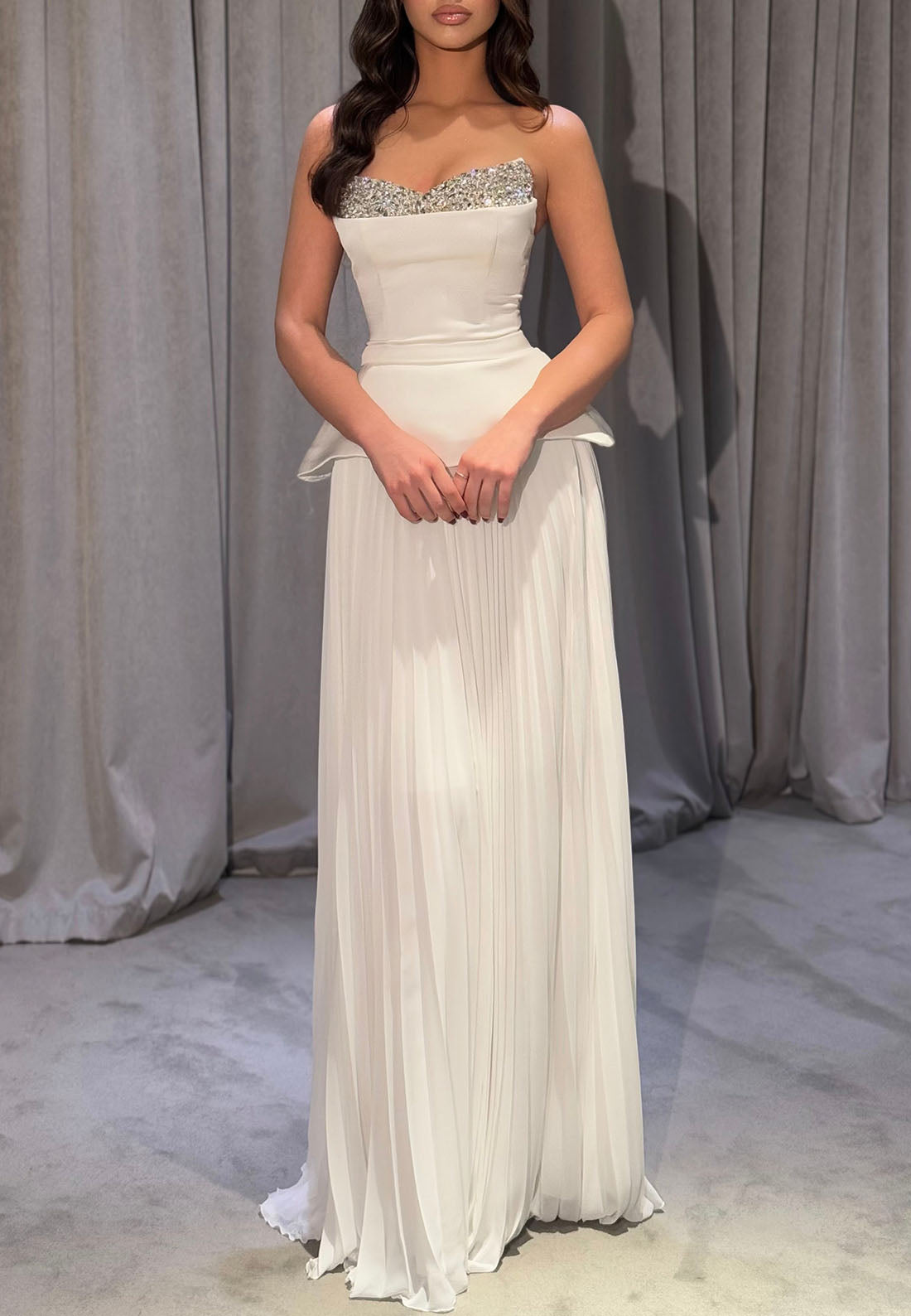 Strapless Rhinestone Peplum Pleated Gown