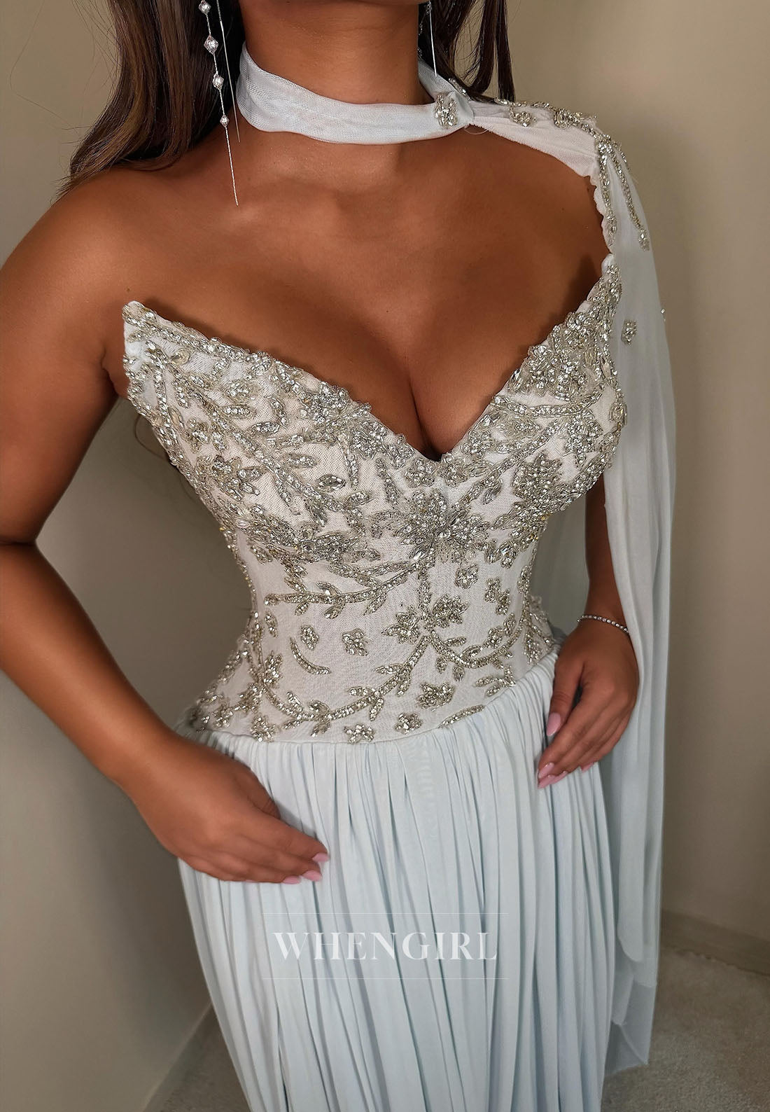 Embellished Bodice Cape Evening Gown