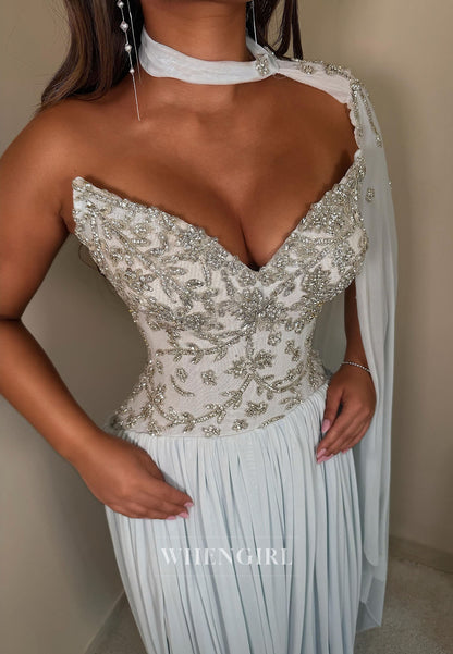 Embellished Bodice Cape Evening Gown