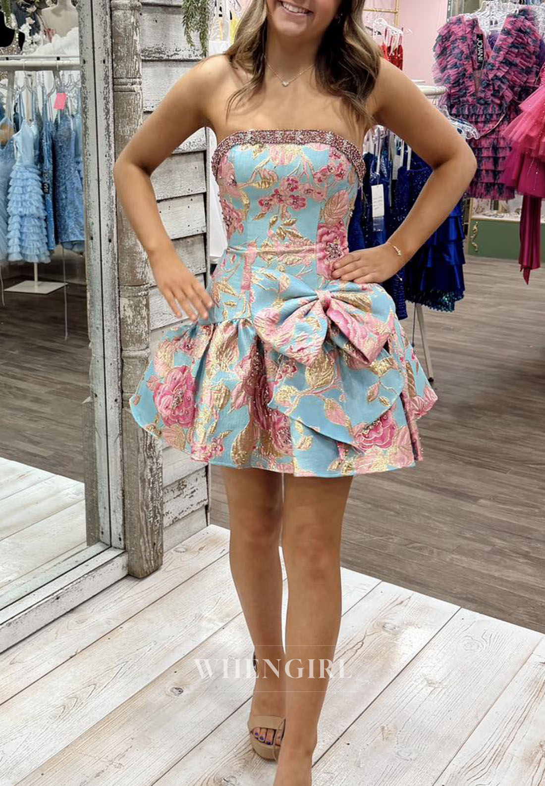 Strapless Floral Jacquard Homecoming Dress with Bow